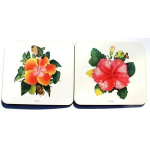 2 Vintage Hawaiian LARGE Tropical Flower Hawaii Tiki Coaster Tray 8.5" X 7.5"
